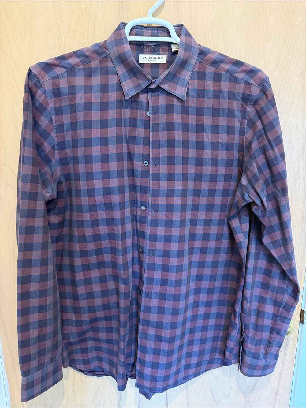 Burberry Men's Checked Button-Down Shirt in Burgundy and Navy